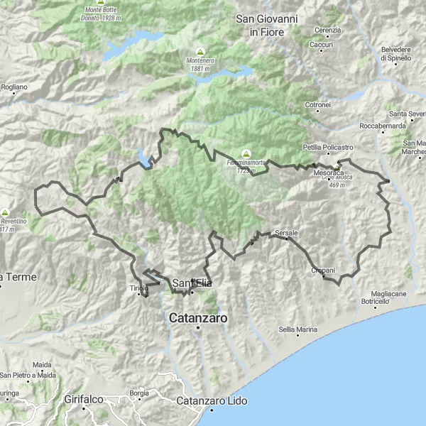 Map miniature of "Conquer the Mountains of Calabria" cycling inspiration in Calabria, Italy. Generated by Tarmacs.app cycling route planner