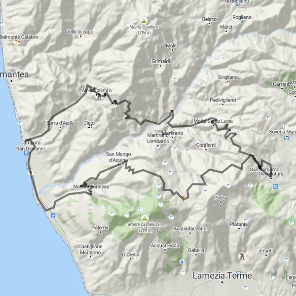 Map miniature of "The Mountainous Loop" cycling inspiration in Calabria, Italy. Generated by Tarmacs.app cycling route planner