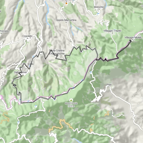 Map miniature of "Scenic Road Cycling Route in Delianuova" cycling inspiration in Calabria, Italy. Generated by Tarmacs.app cycling route planner
