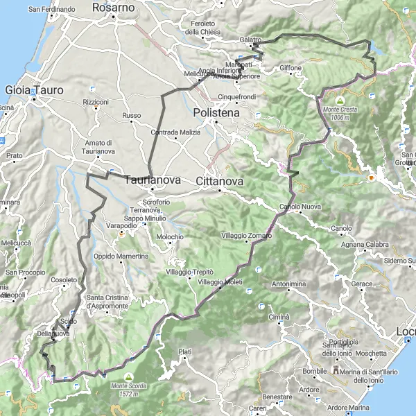 Map miniature of "Challenging Road Cycling Route in Delianuova" cycling inspiration in Calabria, Italy. Generated by Tarmacs.app cycling route planner