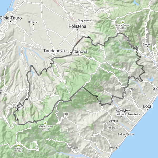 Map miniature of "Legendary Road Cycling Route in Delianuova" cycling inspiration in Calabria, Italy. Generated by Tarmacs.app cycling route planner