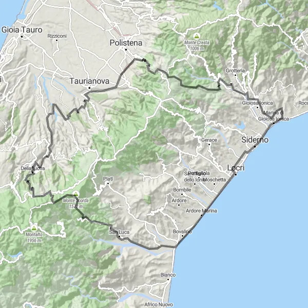Map miniature of "Mountainous Explorer" cycling inspiration in Calabria, Italy. Generated by Tarmacs.app cycling route planner