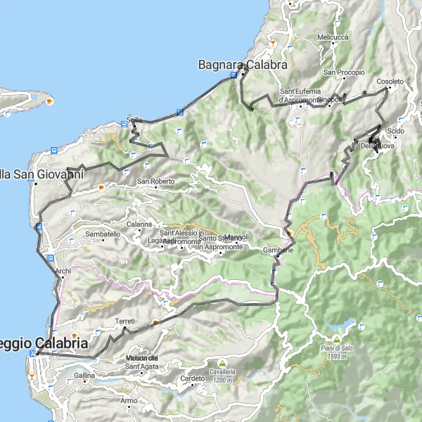 Map miniature of "Coast to Hill Adventure" cycling inspiration in Calabria, Italy. Generated by Tarmacs.app cycling route planner