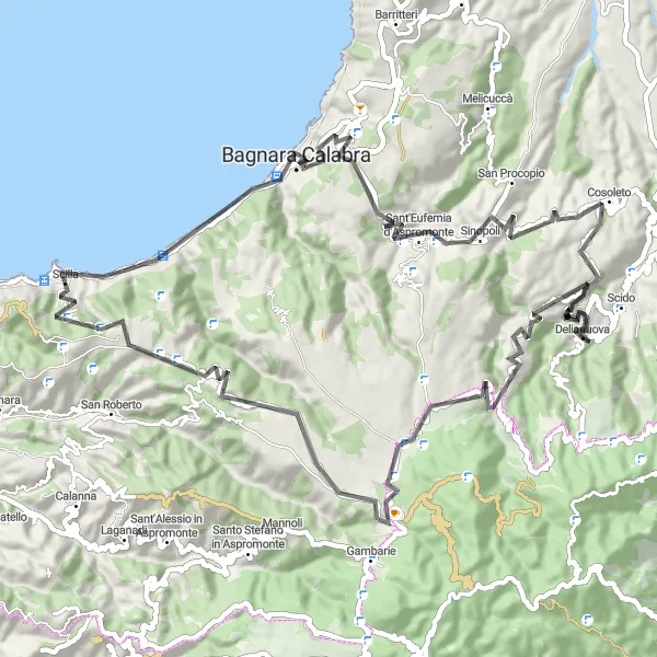 Map miniature of "The Garibaldi Tree Loop" cycling inspiration in Calabria, Italy. Generated by Tarmacs.app cycling route planner