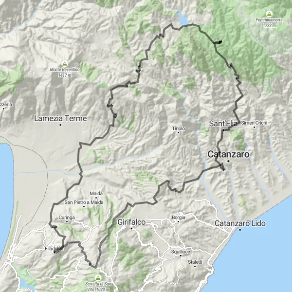 Map miniature of "Filadelfia to Serra del Gelo" cycling inspiration in Calabria, Italy. Generated by Tarmacs.app cycling route planner