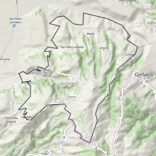 Miniatura della mappa di ispirazione al ciclismo "Giro in bicicletta di 61 km con partenza da Filadelfia" nella regione di Calabria, Italy. Generata da Tarmacs.app, pianificatore di rotte ciclistiche