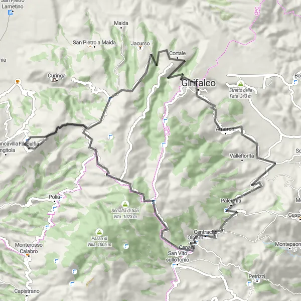 Map miniature of "Scenic Road Ride to Jacurso" cycling inspiration in Calabria, Italy. Generated by Tarmacs.app cycling route planner