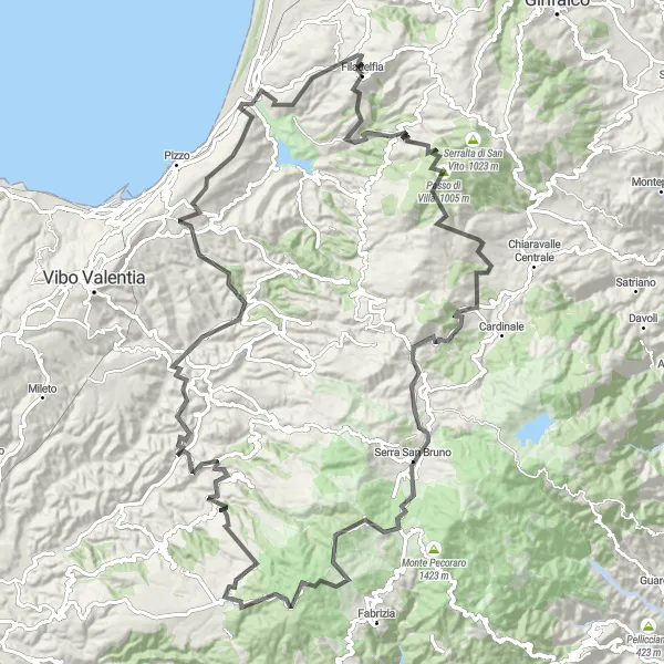 Miniatura della mappa di ispirazione al ciclismo "Avventura tra le vette calabresi" nella regione di Calabria, Italy. Generata da Tarmacs.app, pianificatore di rotte ciclistiche