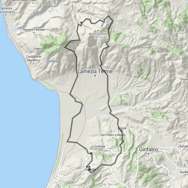 Miniatura della mappa di ispirazione al ciclismo "Giro in Bicicletta da Filadelfia" nella regione di Calabria, Italy. Generata da Tarmacs.app, pianificatore di rotte ciclistiche