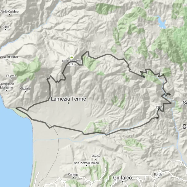 Miniatura della mappa di ispirazione al ciclismo "Giro in bicicletta dalle colline di Gimigliano al Monte Tiriolo" nella regione di Calabria, Italy. Generata da Tarmacs.app, pianificatore di rotte ciclistiche
