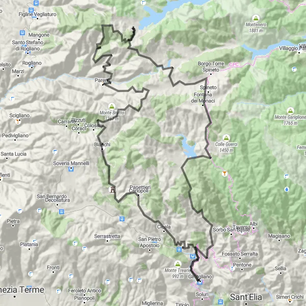 Map miniature of "Colosimi and Quaresima Scenic Loop" cycling inspiration in Calabria, Italy. Generated by Tarmacs.app cycling route planner