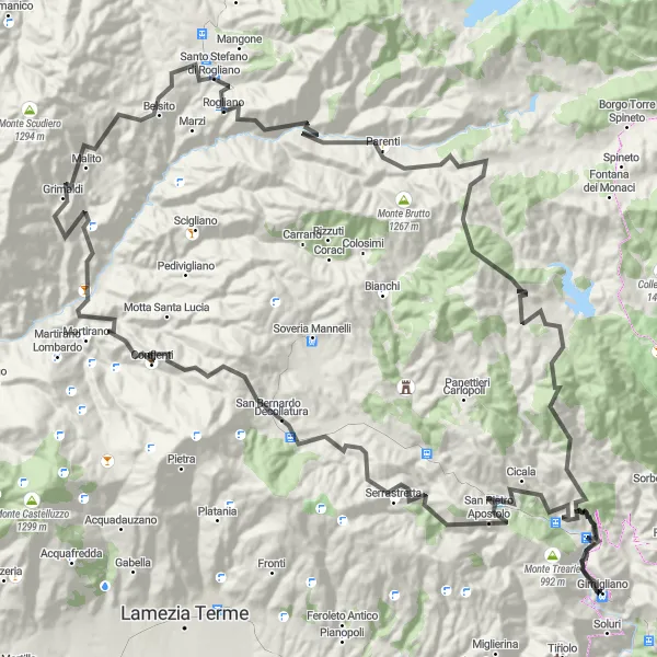 Miniatura della mappa di ispirazione al ciclismo "Tour in bicicletta tra Gimigliano Inferiore e Colle Serralta" nella regione di Calabria, Italy. Generata da Tarmacs.app, pianificatore di rotte ciclistiche