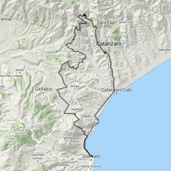 Map miniature of "Inland and Coastal Beauty" cycling inspiration in Calabria, Italy. Generated by Tarmacs.app cycling route planner