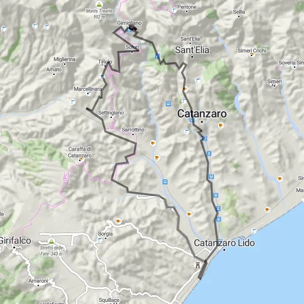 Miniatura della mappa di ispirazione al ciclismo "Avventure in bicicletta vicino a Catanzaro" nella regione di Calabria, Italy. Generata da Tarmacs.app, pianificatore di rotte ciclistiche