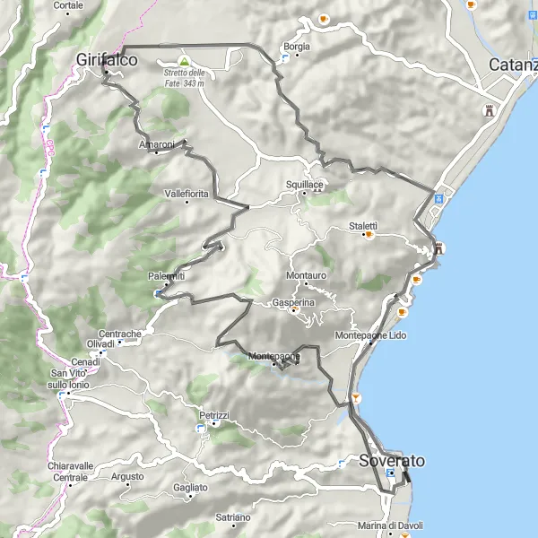 Map miniature of "The Soverato Adventure" cycling inspiration in Calabria, Italy. Generated by Tarmacs.app cycling route planner