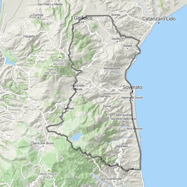 Miniatura della mappa di ispirazione al ciclismo "Il Fascino della Costa Ionica" nella regione di Calabria, Italy. Generata da Tarmacs.app, pianificatore di rotte ciclistiche