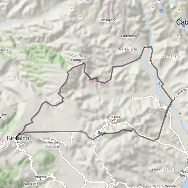 Miniatura della mappa di ispirazione al ciclismo "Giro panoramico intorno a Girifalco" nella regione di Calabria, Italy. Generata da Tarmacs.app, pianificatore di rotte ciclistiche