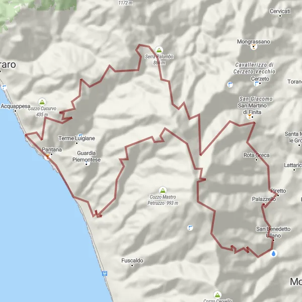 Miniatura della mappa di ispirazione al ciclismo "Gravel di San Benedetto Ullano" nella regione di Calabria, Italy. Generata da Tarmacs.app, pianificatore di rotte ciclistiche