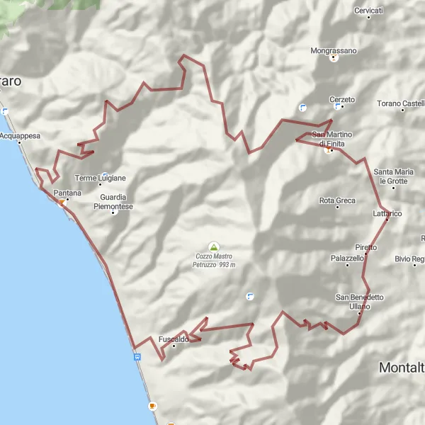 Miniatura della mappa di ispirazione al ciclismo "Esplorazione selvaggia da Lattarico" nella regione di Calabria, Italy. Generata da Tarmacs.app, pianificatore di rotte ciclistiche