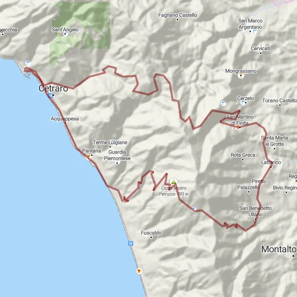 Miniatura della mappa di ispirazione al ciclismo "Giro Gravel attraverso le montagne verso Lattarico" nella regione di Calabria, Italy. Generata da Tarmacs.app, pianificatore di rotte ciclistiche