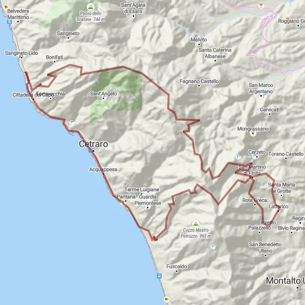 Miniatura della mappa di ispirazione al ciclismo "Avventura Gravel tra le colline del sud" nella regione di Calabria, Italy. Generata da Tarmacs.app, pianificatore di rotte ciclistiche