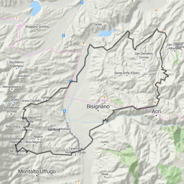 Miniatura della mappa di ispirazione al ciclismo "Giro Panoramico della Sila" nella regione di Calabria, Italy. Generata da Tarmacs.app, pianificatore di rotte ciclistiche