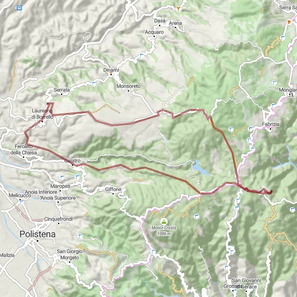 Miniatura della mappa di ispirazione al ciclismo "Giro in bicicletta panoramico attraverso Monte Crocco e Monte Seduto" nella regione di Calabria, Italy. Generata da Tarmacs.app, pianificatore di rotte ciclistiche