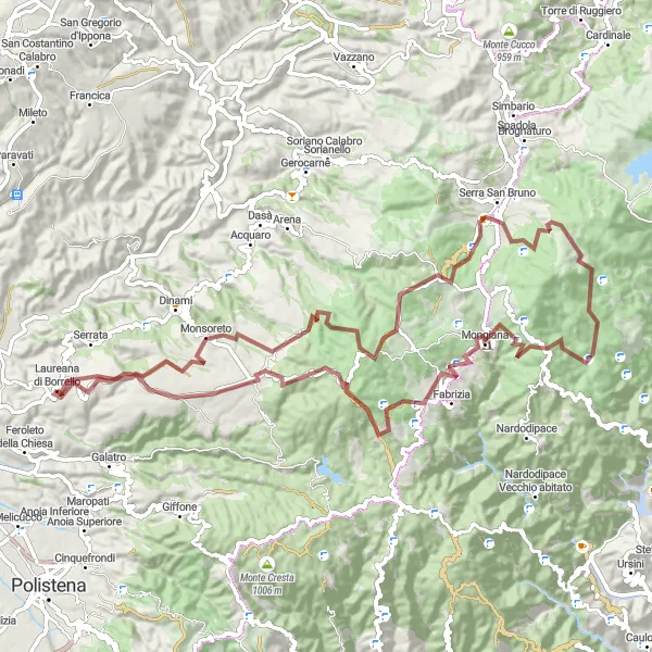 Miniatura della mappa di ispirazione al ciclismo "Esplorazione in bicicletta di 98 km tra Candidoni e Mongiana" nella regione di Calabria, Italy. Generata da Tarmacs.app, pianificatore di rotte ciclistiche
