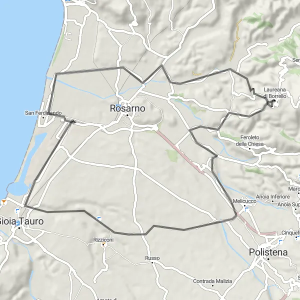 Miniatura della mappa di ispirazione al ciclismo "Tour in bici di 57 km attraverso Gioia Tauro" nella regione di Calabria, Italy. Generata da Tarmacs.app, pianificatore di rotte ciclistiche