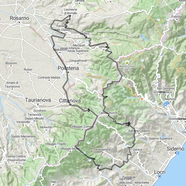 Miniatura della mappa di ispirazione al ciclismo "Avventura ciclistica di 126 km da Galatro a Trinità" nella regione di Calabria, Italy. Generata da Tarmacs.app, pianificatore di rotte ciclistiche