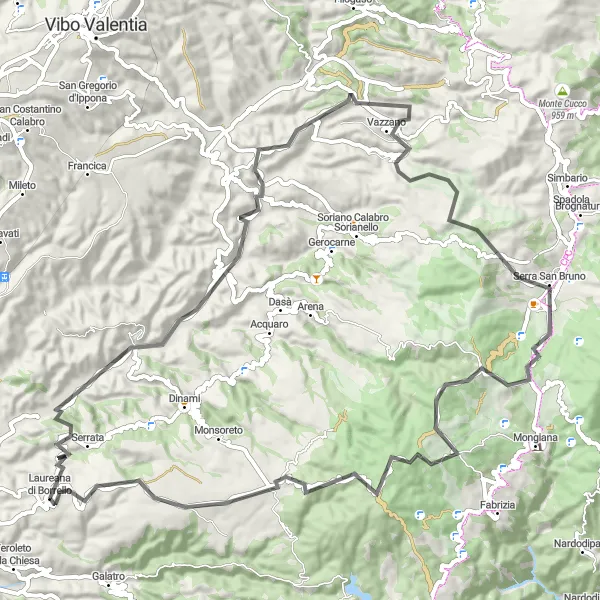 Miniatura della mappa di ispirazione al ciclismo "Escursione ciclistica di 85 km verso Serra San Bruno" nella regione di Calabria, Italy. Generata da Tarmacs.app, pianificatore di rotte ciclistiche