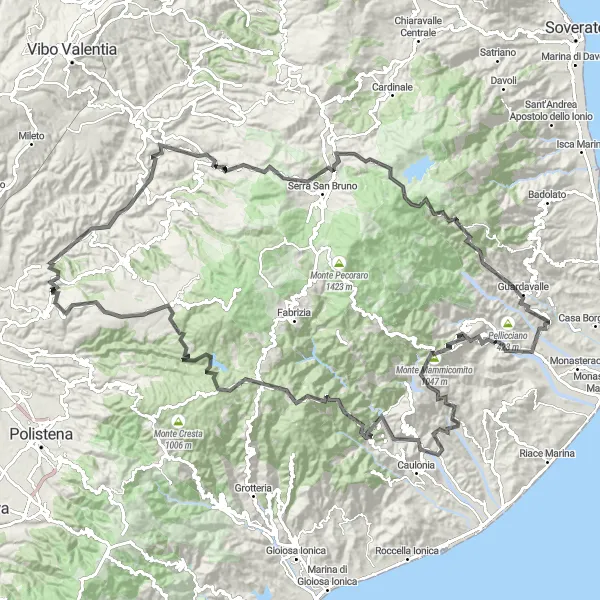Miniatura della mappa di ispirazione al ciclismo "Tour ciclistico epico tra Serrata e Monte Stella" nella regione di Calabria, Italy. Generata da Tarmacs.app, pianificatore di rotte ciclistiche