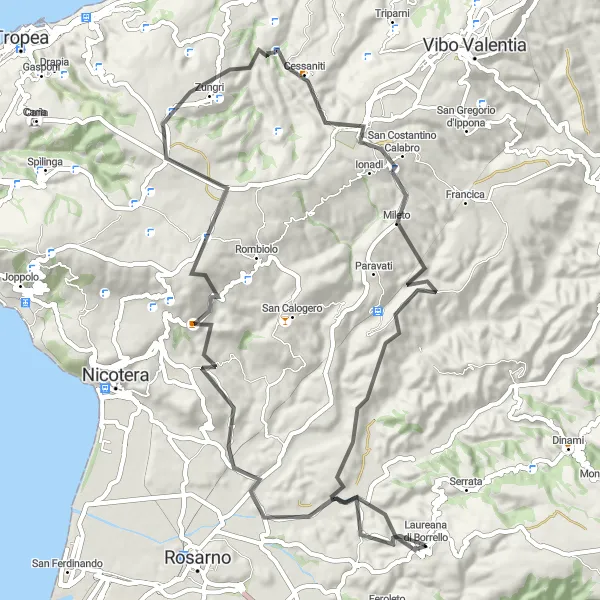 Miniatura della mappa di ispirazione al ciclismo "Esplorazione ciclistica tra San Nicola de Legistis e Mileto" nella regione di Calabria, Italy. Generata da Tarmacs.app, pianificatore di rotte ciclistiche