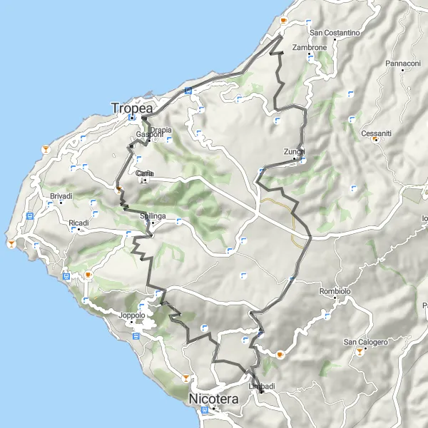 Miniatura della mappa di ispirazione al ciclismo "Giro in bicicletta da Limbadi a Caroni" nella regione di Calabria, Italy. Generata da Tarmacs.app, pianificatore di rotte ciclistiche