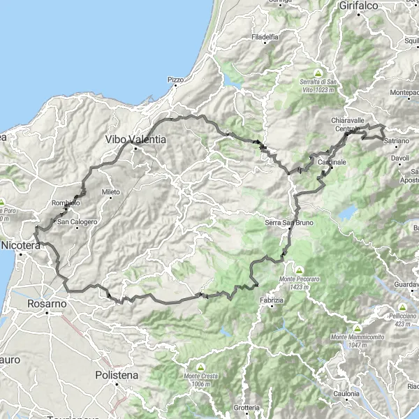 Miniatura della mappa di ispirazione al ciclismo "Giro in bicicletta da Limbadi a Caroni" nella regione di Calabria, Italy. Generata da Tarmacs.app, pianificatore di rotte ciclistiche