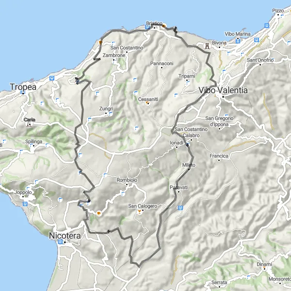 Miniatura della mappa di ispirazione al ciclismo "Tour in bicicletta tra Briatico e Limbadi" nella regione di Calabria, Italy. Generata da Tarmacs.app, pianificatore di rotte ciclistiche