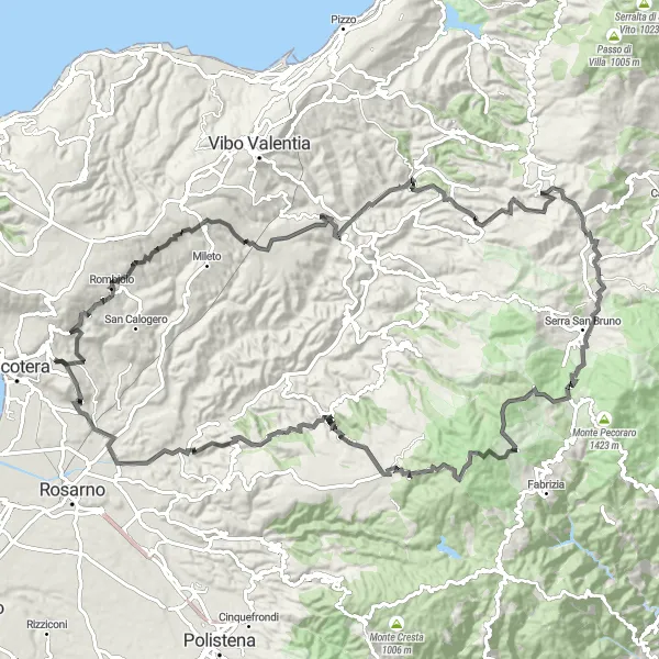 Miniatura della mappa di ispirazione al ciclismo "Tour ciclistico tra Limbadi e Caroni" nella regione di Calabria, Italy. Generata da Tarmacs.app, pianificatore di rotte ciclistiche