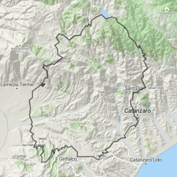 Map miniature of "Mountain Challenge: Conquering the Peaks of Calabria" cycling inspiration in Calabria, Italy. Generated by Tarmacs.app cycling route planner