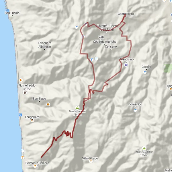 Map miniature of "Gravel Adventure to Mendicino" cycling inspiration in Calabria, Italy. Generated by Tarmacs.app cycling route planner