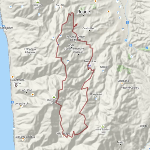 Miniatura della mappa di ispirazione al ciclismo "Tour in Gravel tra Marano Principato e Monte Cocuzzo" nella regione di Calabria, Italy. Generata da Tarmacs.app, pianificatore di rotte ciclistiche