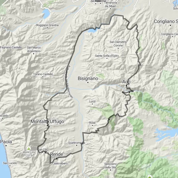 Miniatura della mappa di ispirazione al ciclismo "Avventura in bicicletta attraverso la natura calabra" nella regione di Calabria, Italy. Generata da Tarmacs.app, pianificatore di rotte ciclistiche