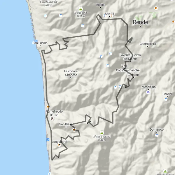 Map miniature of "Cerisano and Fiumefreddo Bruzio Route" cycling inspiration in Calabria, Italy. Generated by Tarmacs.app cycling route planner