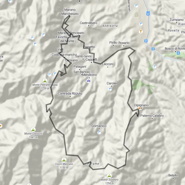 Miniatura della mappa di ispirazione al ciclismo "Passeggiata in bicicletta panoramica nei dintorni di Marano Marchesato" nella regione di Calabria, Italy. Generata da Tarmacs.app, pianificatore di rotte ciclistiche