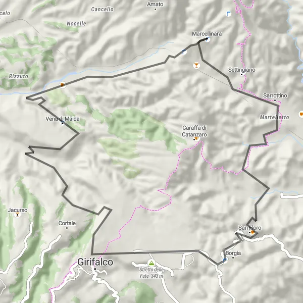 Miniatura della mappa di ispirazione al ciclismo "Giro cicloturistico tra Marcellinara e Vena di Maida" nella regione di Calabria, Italy. Generata da Tarmacs.app, pianificatore di rotte ciclistiche