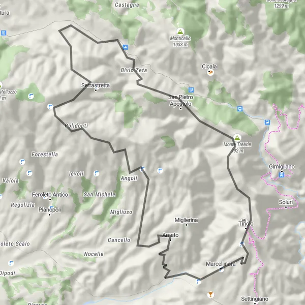 Map miniature of "Marcellinara to Monte Trearie Circuit" cycling inspiration in Calabria, Italy. Generated by Tarmacs.app cycling route planner