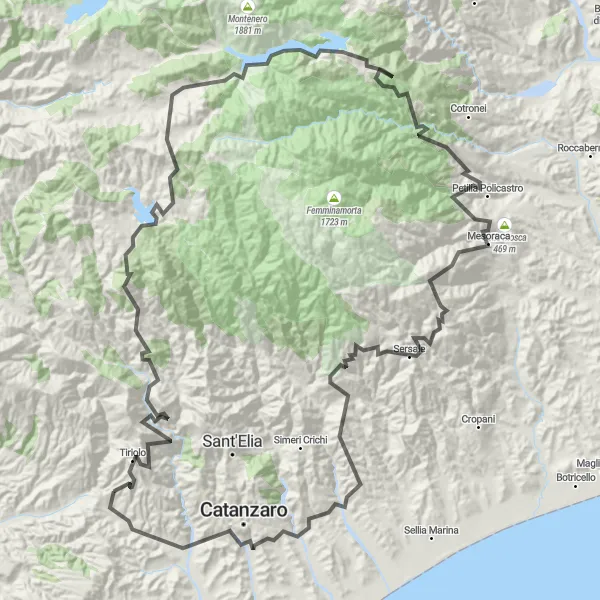 Miniatura della mappa di ispirazione al ciclismo "Giro delle Valli Catanzaresi" nella regione di Calabria, Italy. Generata da Tarmacs.app, pianificatore di rotte ciclistiche