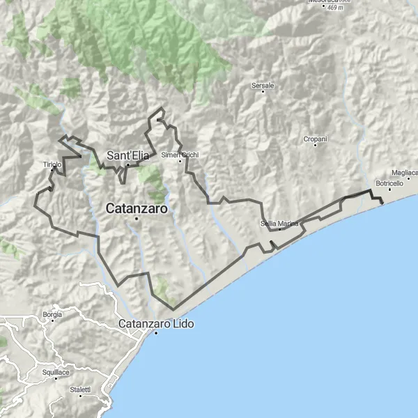 Miniatura della mappa di ispirazione al ciclismo "La Strada dei Due Monti" nella regione di Calabria, Italy. Generata da Tarmacs.app, pianificatore di rotte ciclistiche