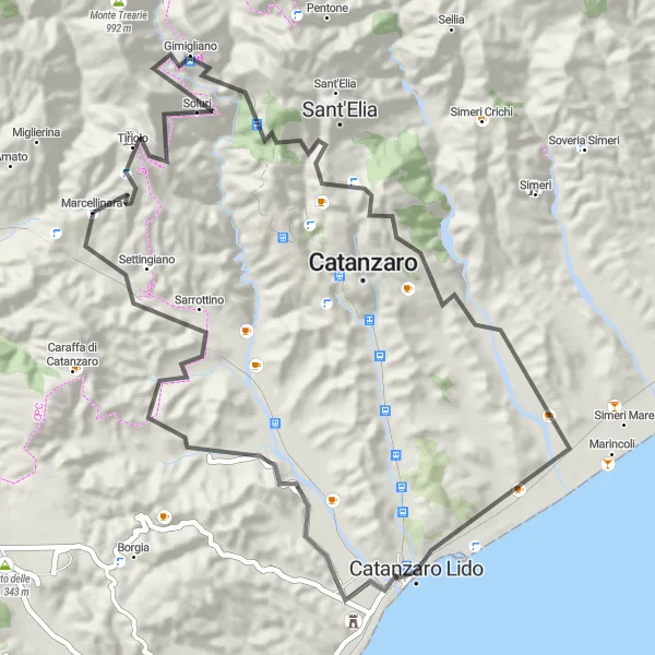 Miniatura della mappa di ispirazione al ciclismo "Giro panoramico da Marcellinara a Catanzaro Lido" nella regione di Calabria, Italy. Generata da Tarmacs.app, pianificatore di rotte ciclistiche