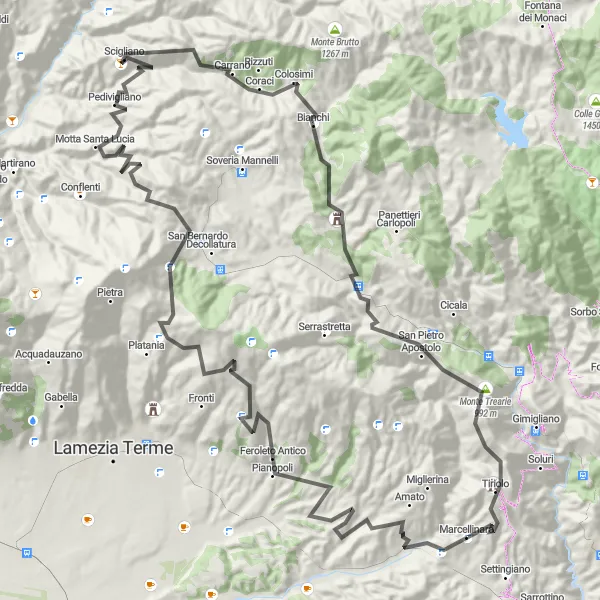 Miniatura della mappa di ispirazione al ciclismo "Giro dei Sette Monti" nella regione di Calabria, Italy. Generata da Tarmacs.app, pianificatore di rotte ciclistiche