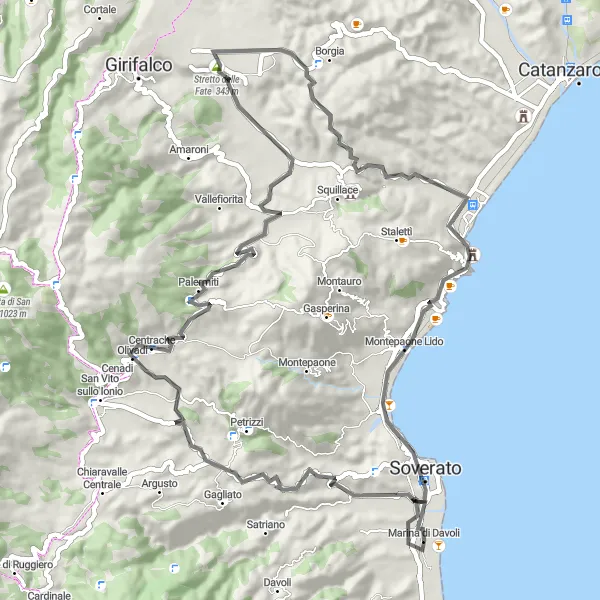 Map miniature of "Scenic Coastal Ride to Soverato" cycling inspiration in Calabria, Italy. Generated by Tarmacs.app cycling route planner